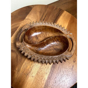 Wooden Divided Serving Bowl with Handles Hand-Carved 8.5"x6.25"